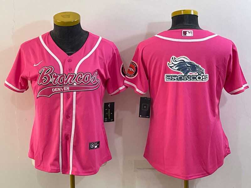 Women%27s Denver Broncos Pink Team Big Logo With Patch Cool Base Stitched Baseball Jersey->women nfl jersey->Women Jersey